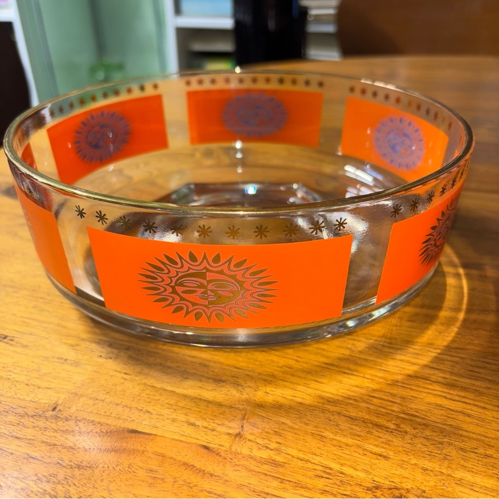 Jeanette vintage Aztec Sun chip bowl: orange with 22 karat gold trim